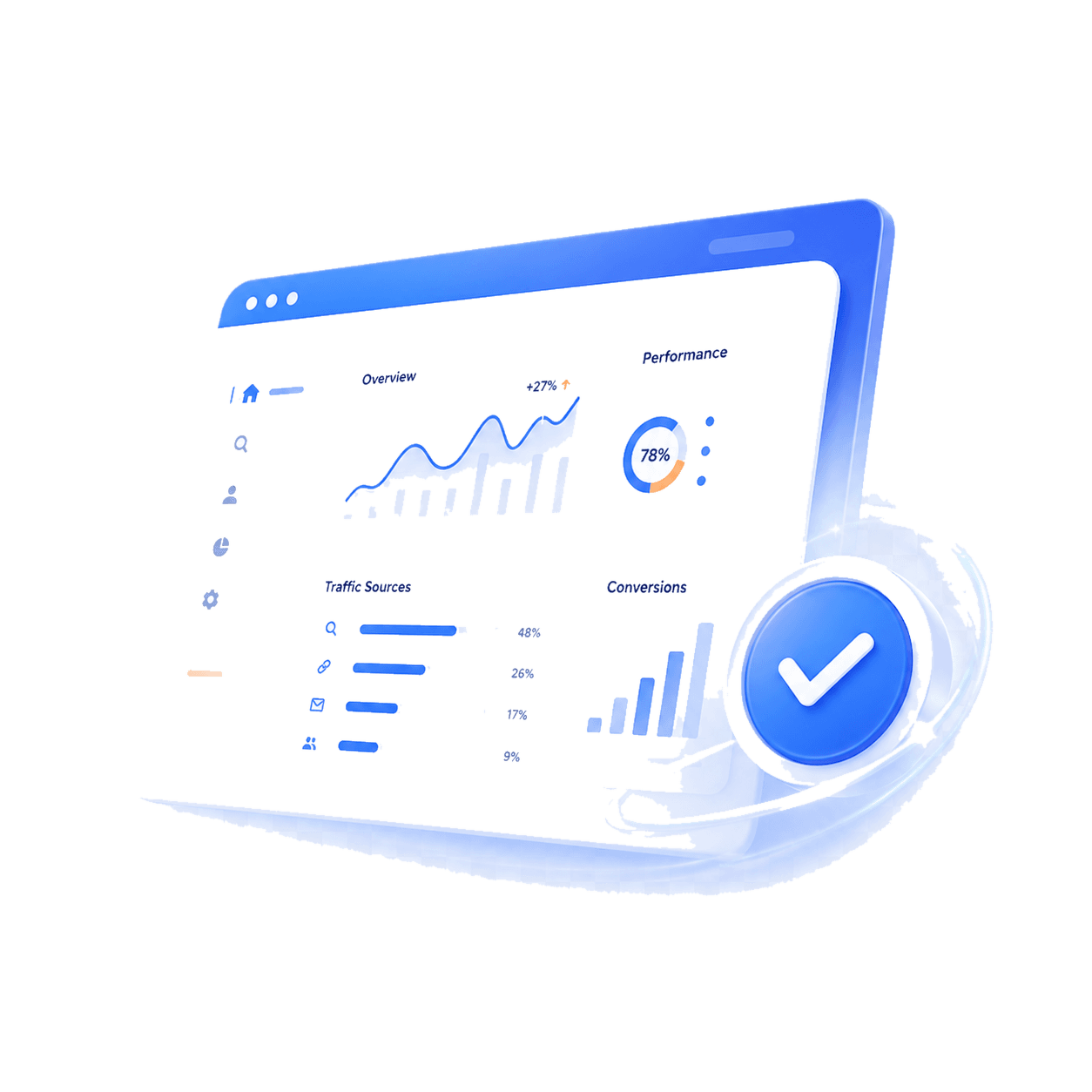 3D dashboard showing analytics overview, performance, traffic sources and conversions with a verified checkmark